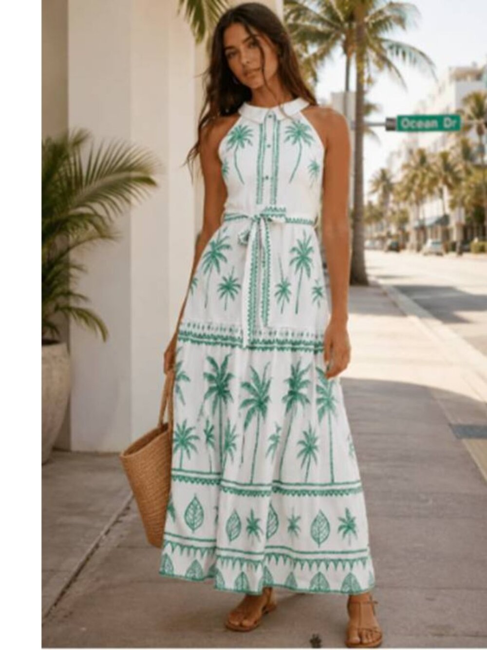 Half Heart Womens Allover Print Halter Self Tie Maxi Dress Chic Tropical Green
